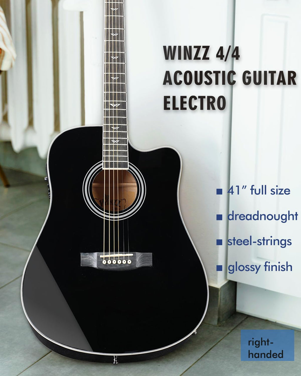 Glossy Black 4/4 Full Size 6 Steel-String Acoustic-Electric Guitar K128