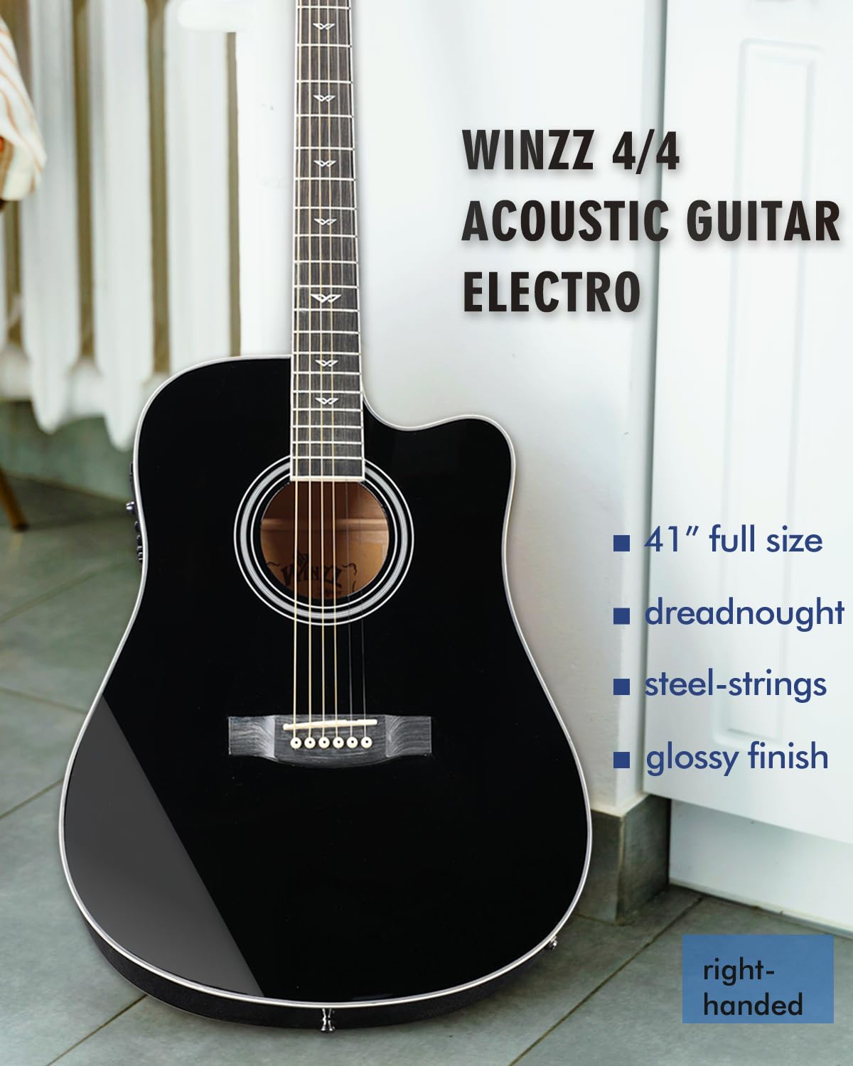 Glossy Black 4/4 Full Size 6 Steel-String Acoustic-Electric Guitar K128