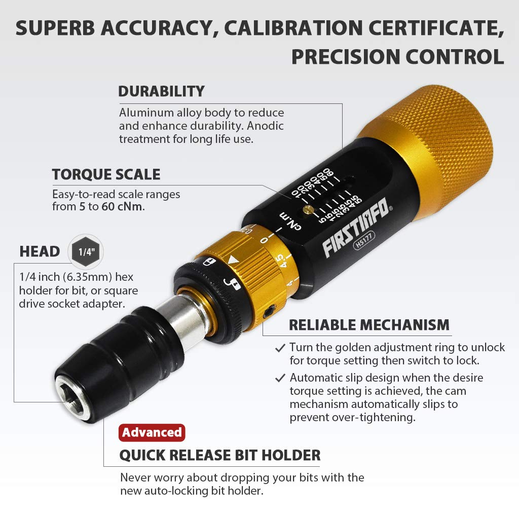 Certified Torque Limiting Screwdriver, 5-60 cNm, 1/4" Hex J8847