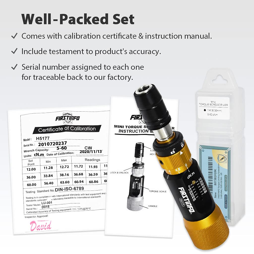 Certified Torque Limiting Screwdriver, 5-60 cNm, 1/4" Hex J8847