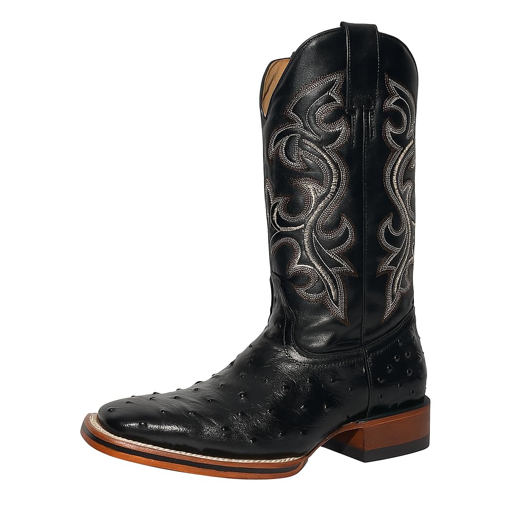Black Leather Square Toe Western Boots I406