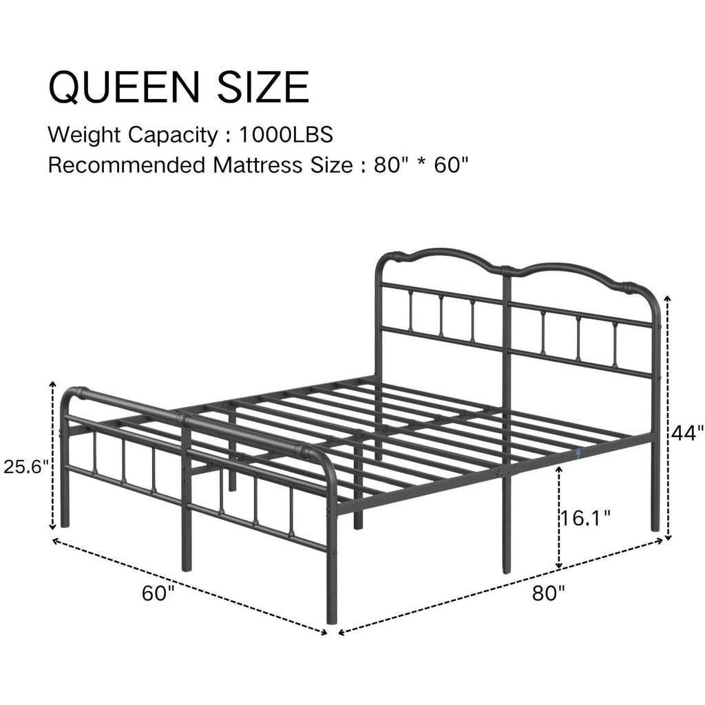 Queen Size Black Metal Platform Bed Frame with Headboard E70812