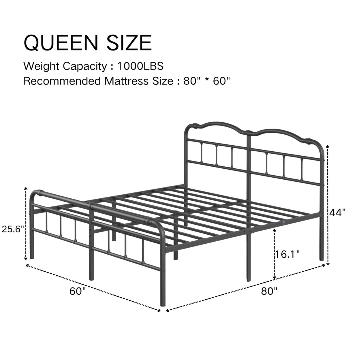 Queen Size Black Metal Platform Bed Frame with Headboard E70812