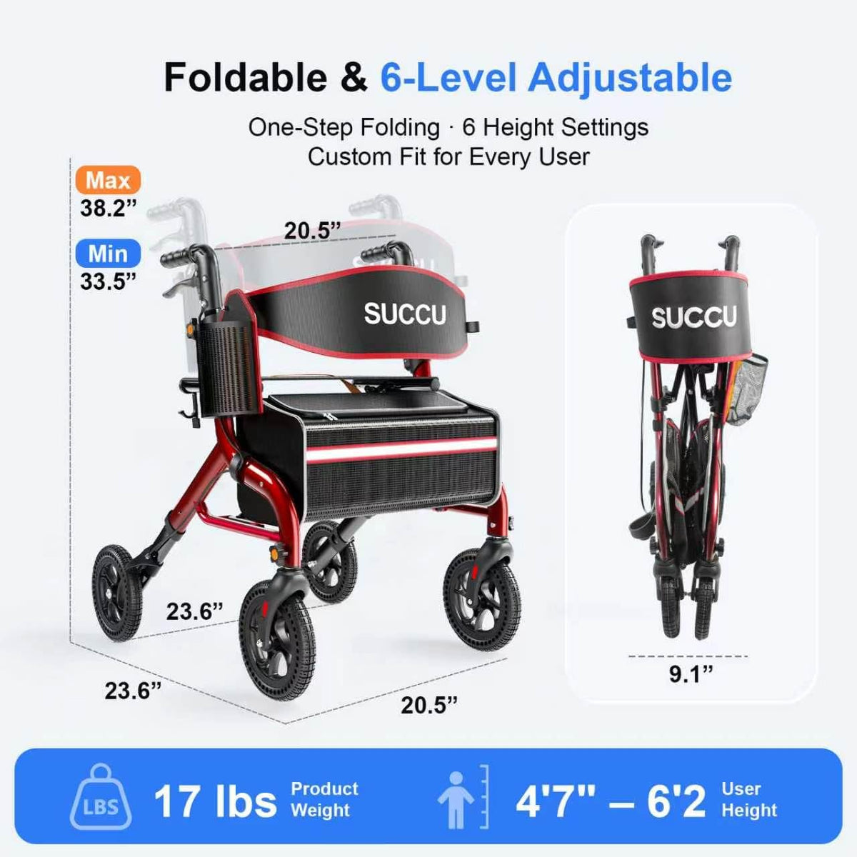 Red 8" All-Terrain Rollator Walker C4449