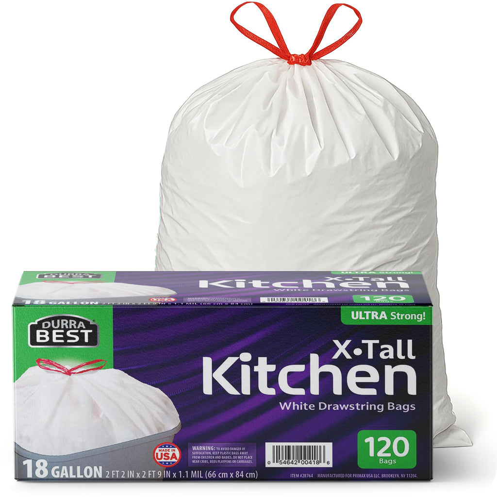 120 Count 18 Gallon White Heavy-Duty Drawstring Trash Bags S975