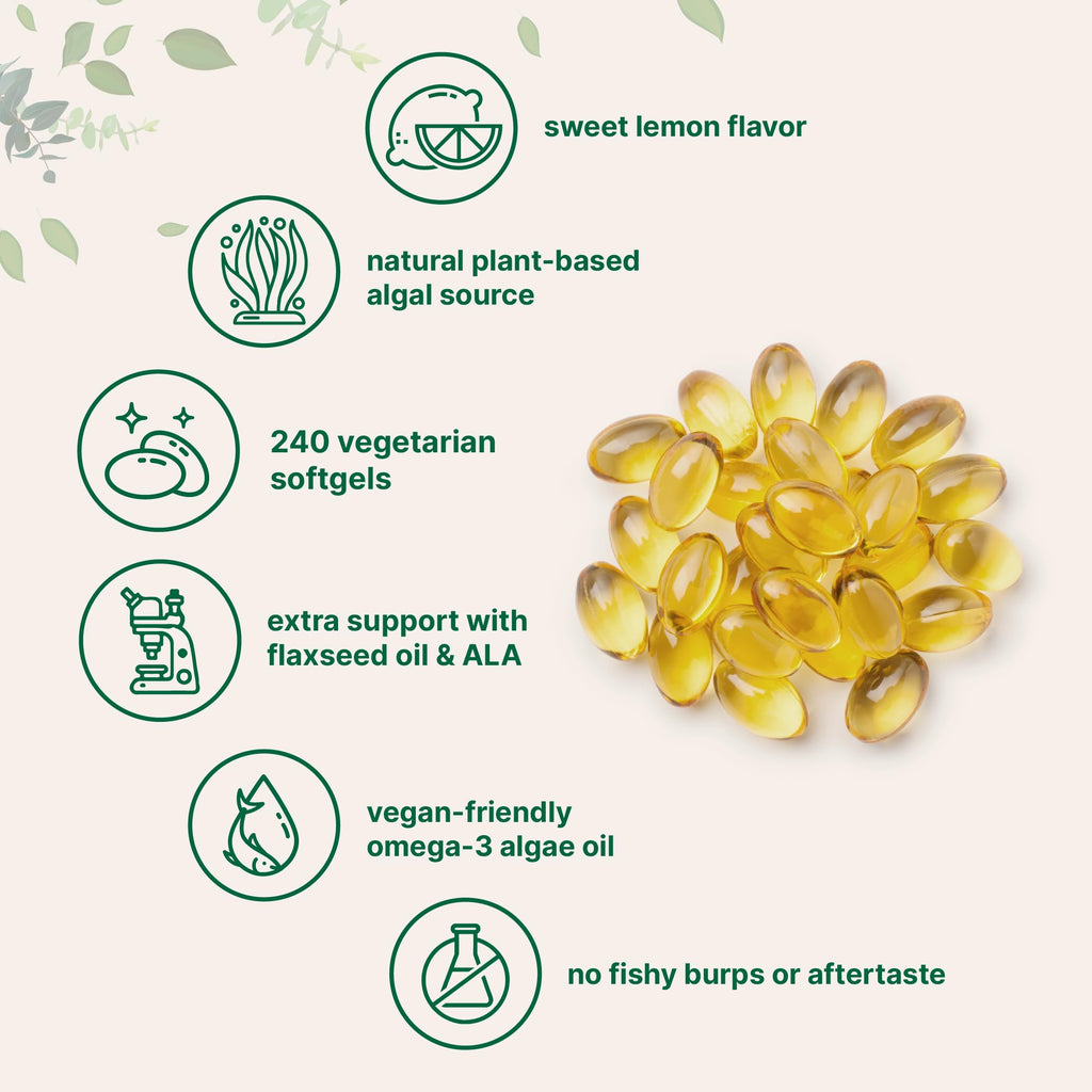 Vegan Omega 3 Algae Oil 240 Veggie Softgels DHA 500mg DPA 100mg Lemon Flavored V3584