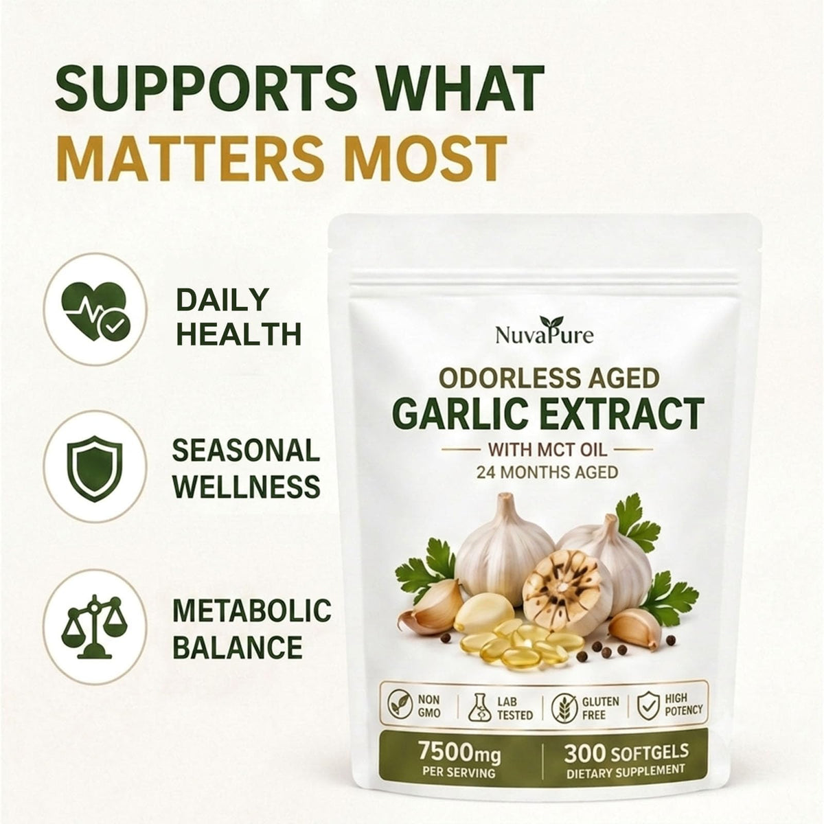 Odorless Aged Garlic Extract Supplement, 300 Softgels Y905676