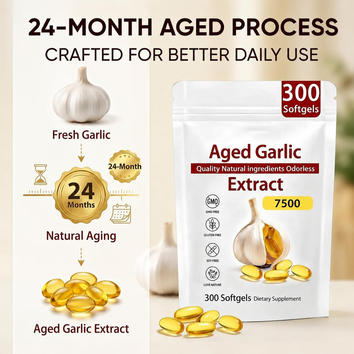 Odorless Organic Garlic Extract Capsules 300 Softgels O3487