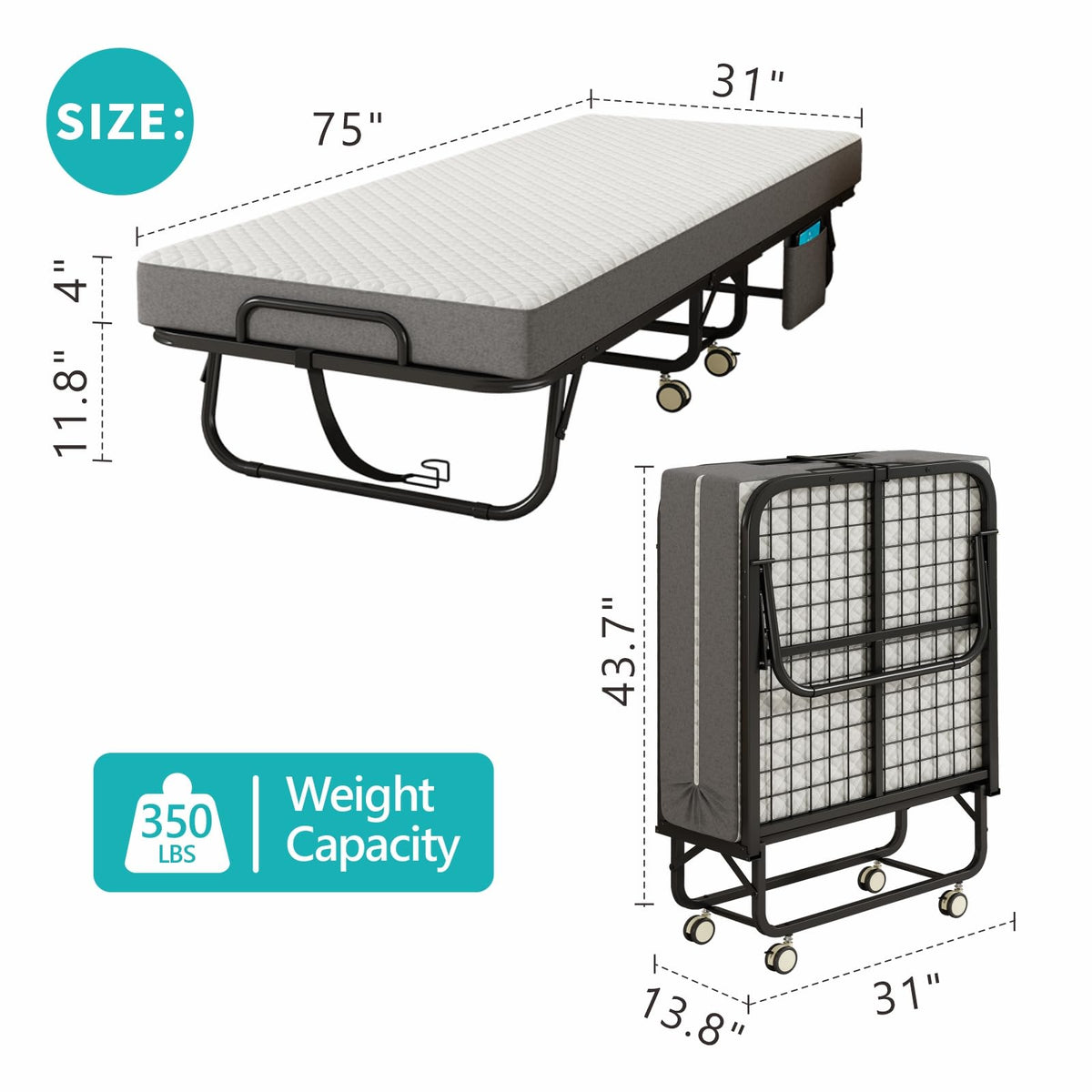 Folding Bed with Mattress, 75" x 31" Portable Rollaway Bed, Metal Frame Guest Bed with Memory Foam Mattress K2878
