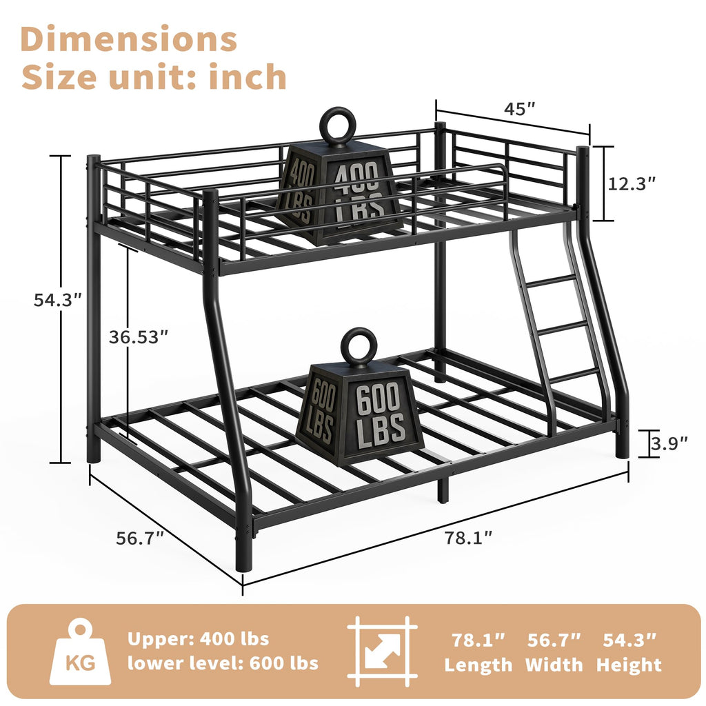 Twin Over Full Metal Bunk Bed with Guardrail and Ladder T3116