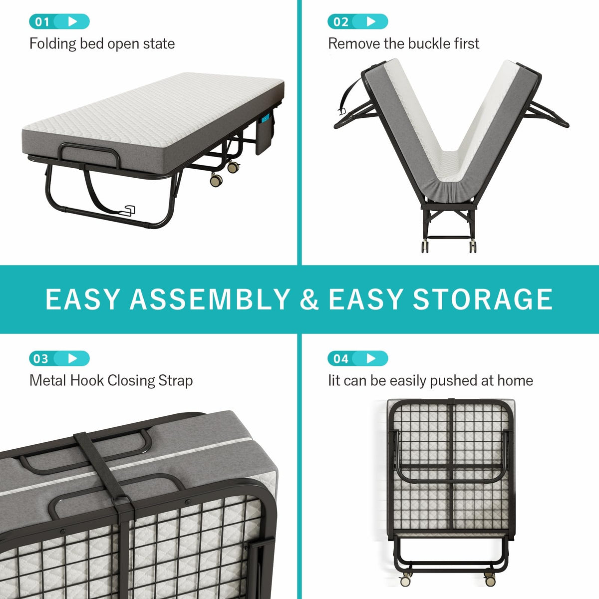 Folding Bed with Mattress, 75" x 31" Portable Rollaway Bed, Metal Frame Guest Bed with Memory Foam Mattress K2878