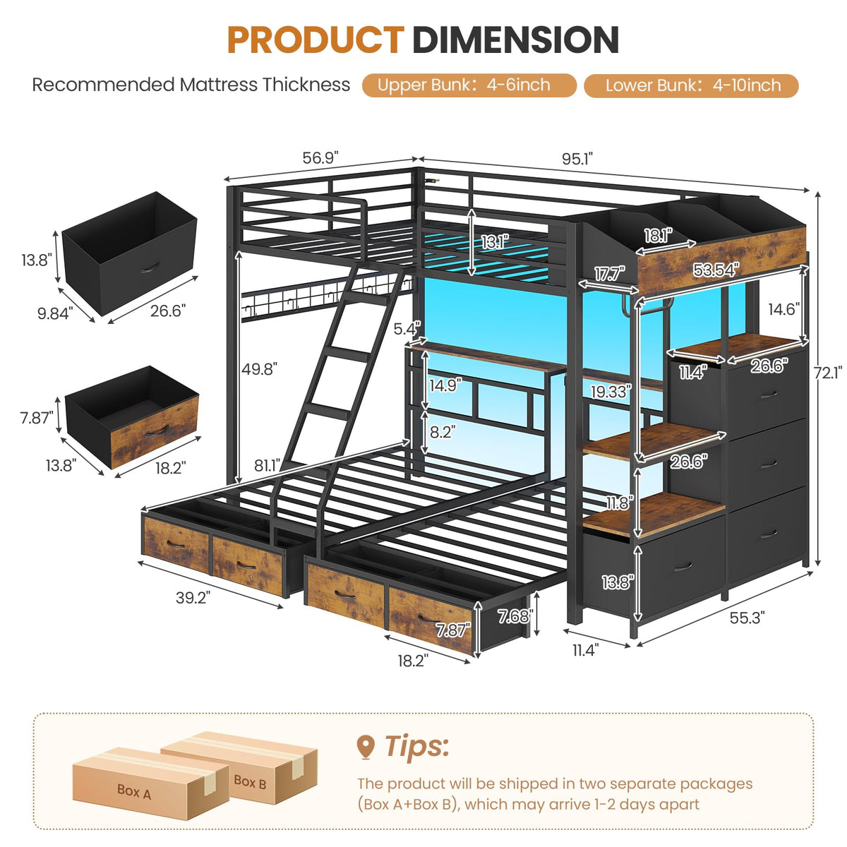 Black Triple Bunk Bed with 8 Storage Drawers and Stair U27831