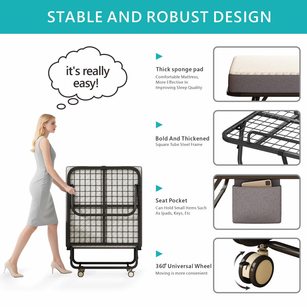 Folding Bed with Mattress, 75" x 31" Portable Rollaway Bed, Metal Frame Guest Bed with Memory Foam Mattress K2878