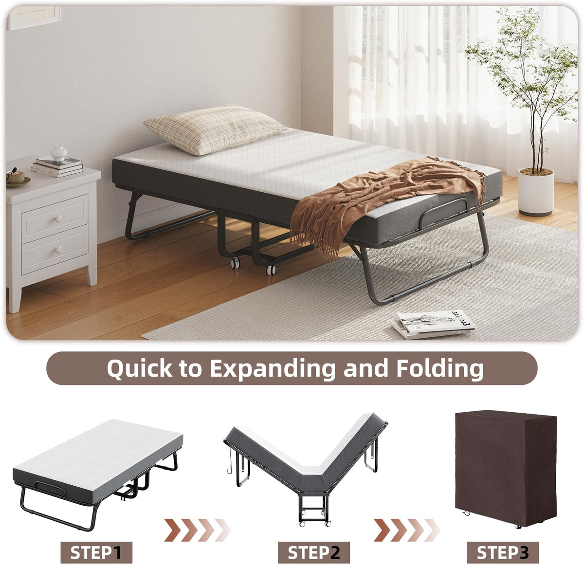 Folding Bed with Mattress and Storage Cover, Twin Size, 5-inch Memory Foam Mattress N359253
