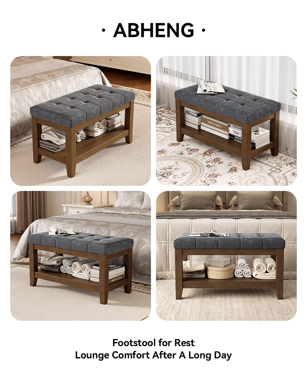 Dark Gray Rubber Wood Chenille Upholstered Shoe Bench L26792