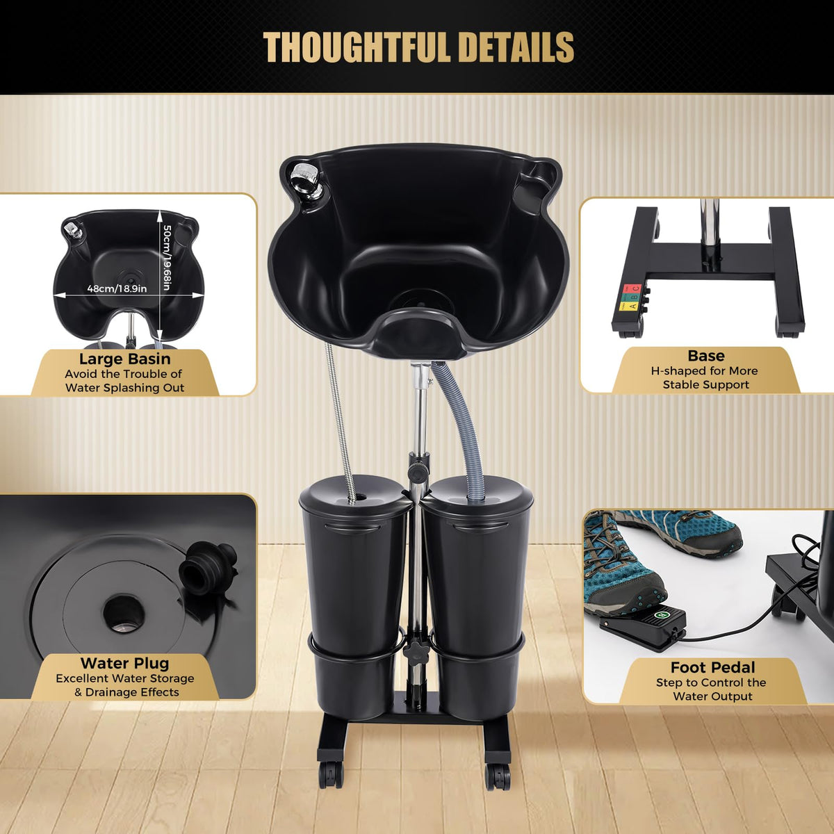 Portable Shampoo Bowl with Electric Pump, Adjustable Height 2.64Gal Dual Bucket U46415