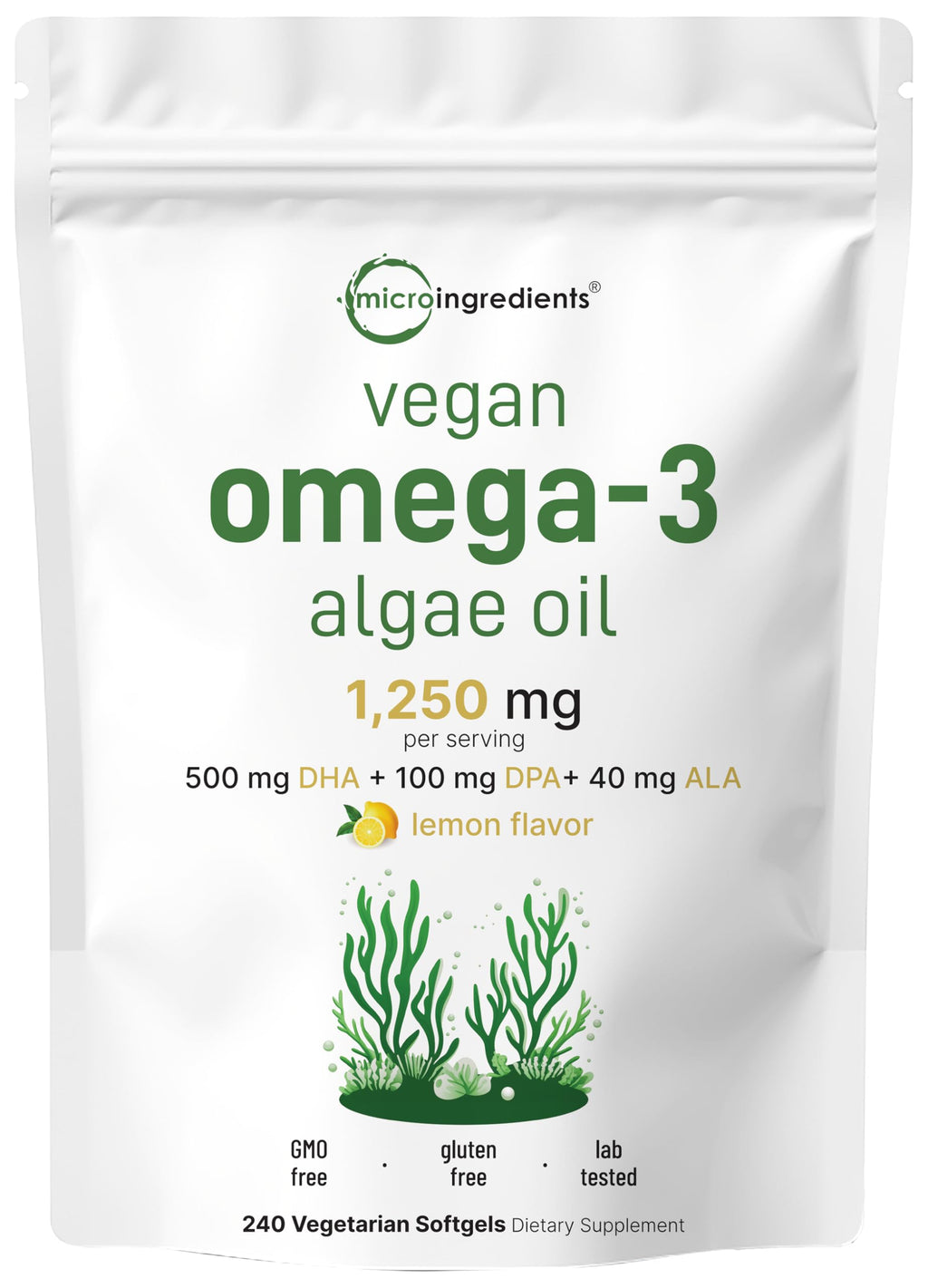 Vegan Omega 3 Algae Oil 240 Veggie Softgels DHA 500mg DPA 100mg Lemon Flavored V3584