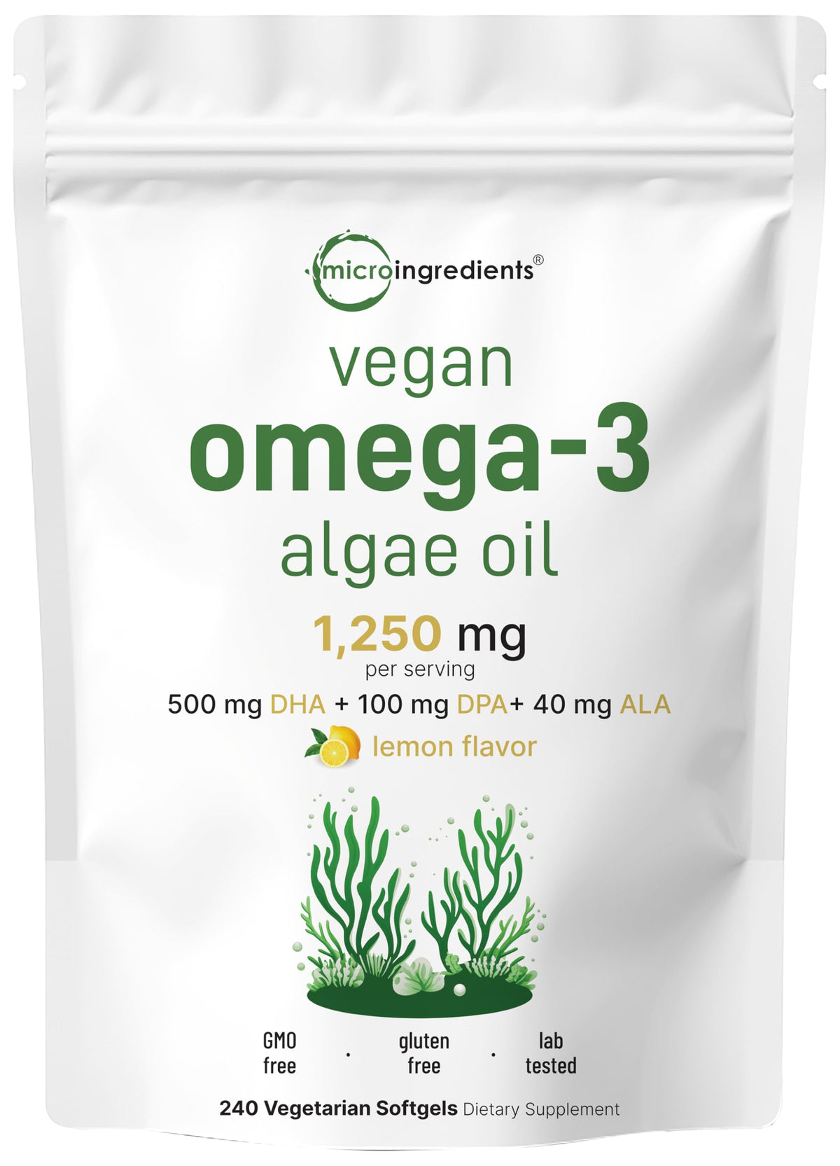 Vegan Omega 3 Algae Oil 240 Veggie Softgels DHA 500mg DPA 100mg Lemon Flavored V3584