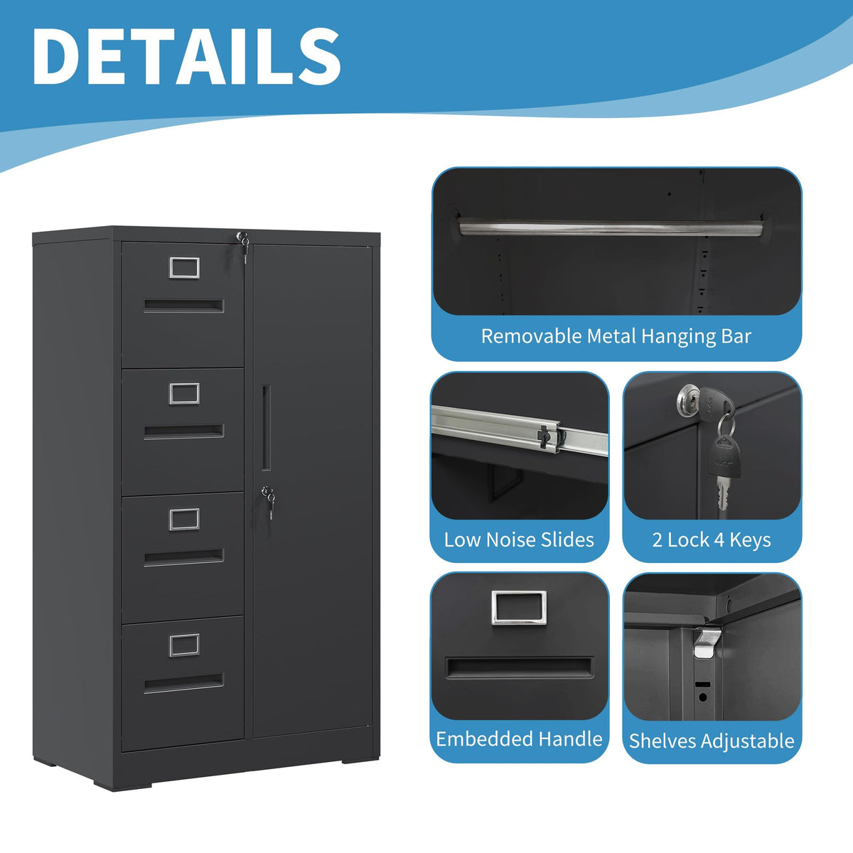 4 Drawer Metal File Cabinet with Lock T341