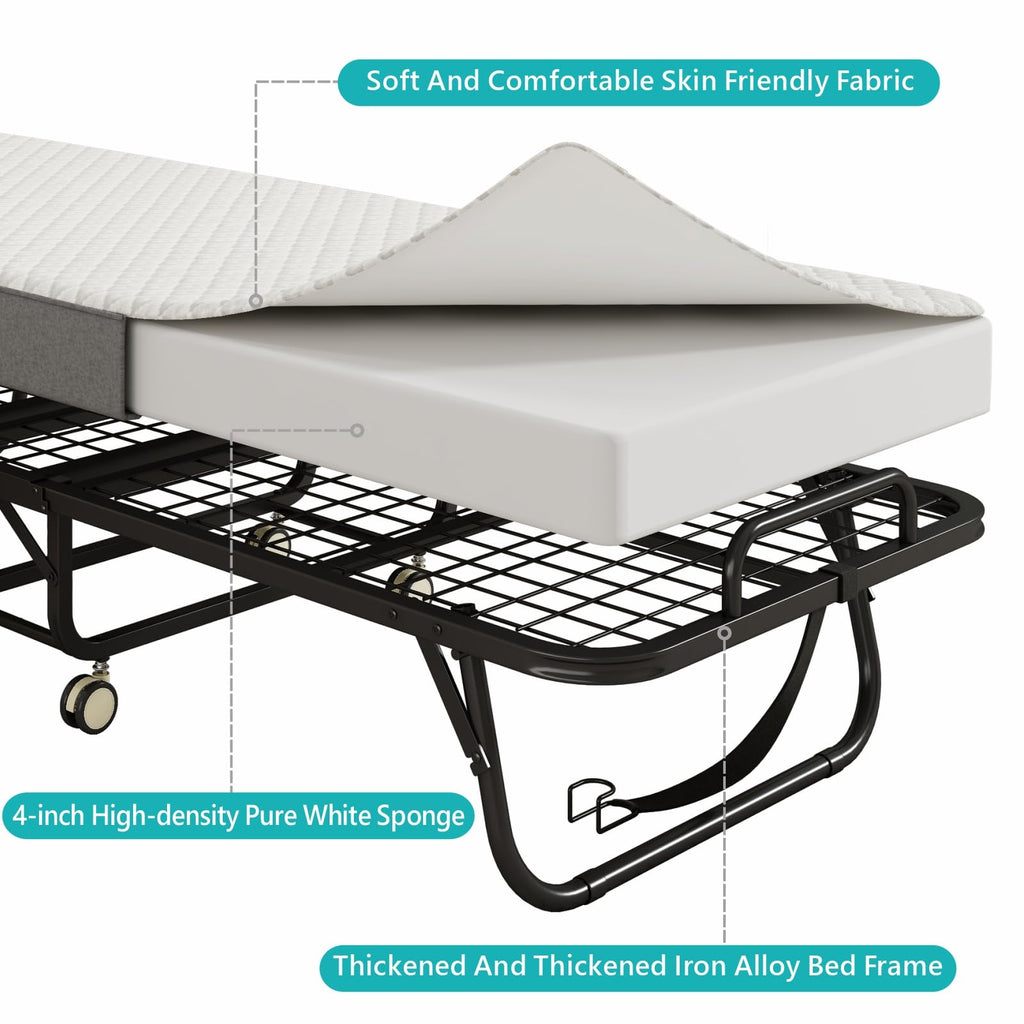 Folding Bed with Mattress, 75" x 31" Portable Rollaway Bed, Metal Frame Guest Bed with Memory Foam Mattress K2878