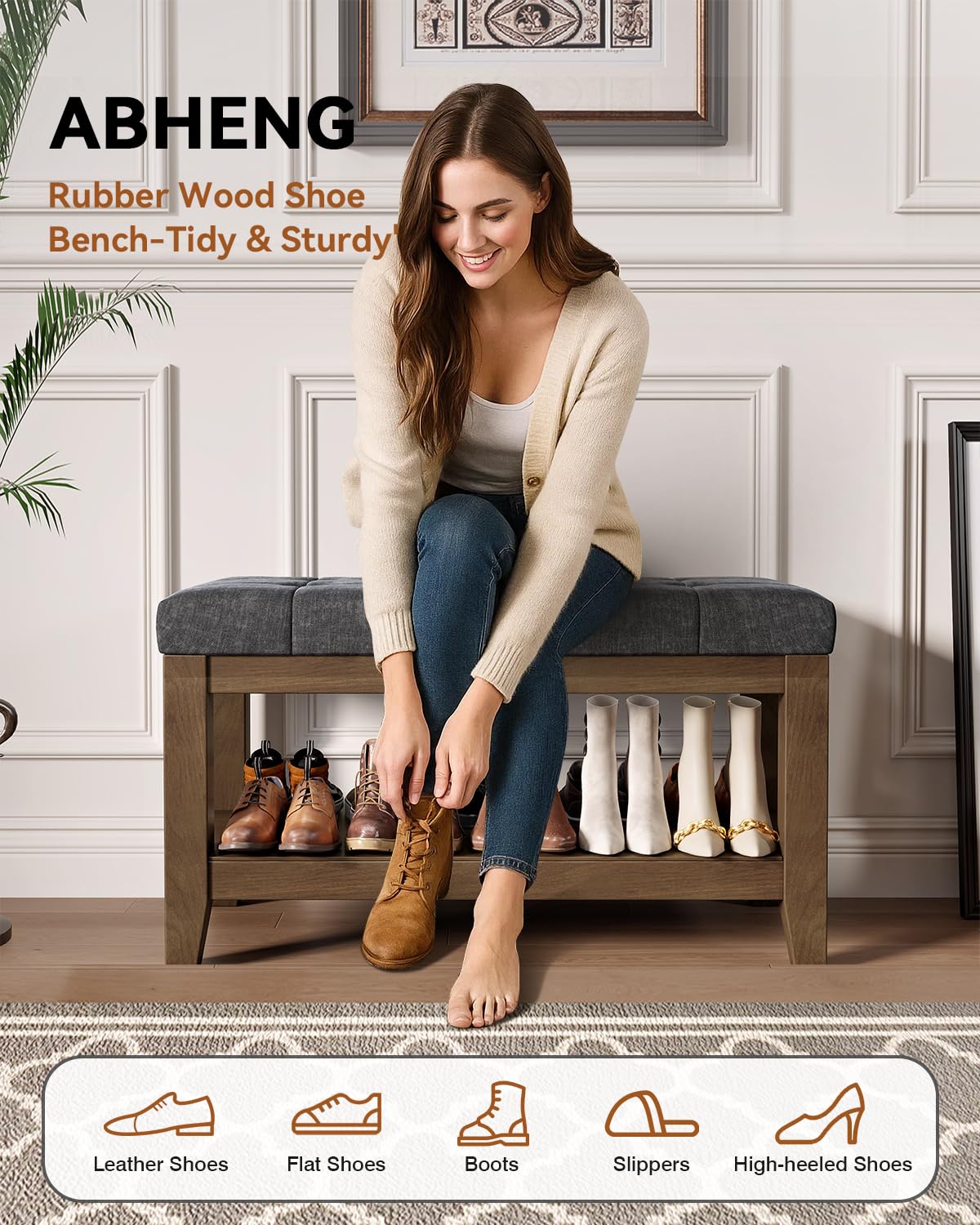 Dark Gray Rubber Wood Chenille Upholstered Shoe Bench L26792