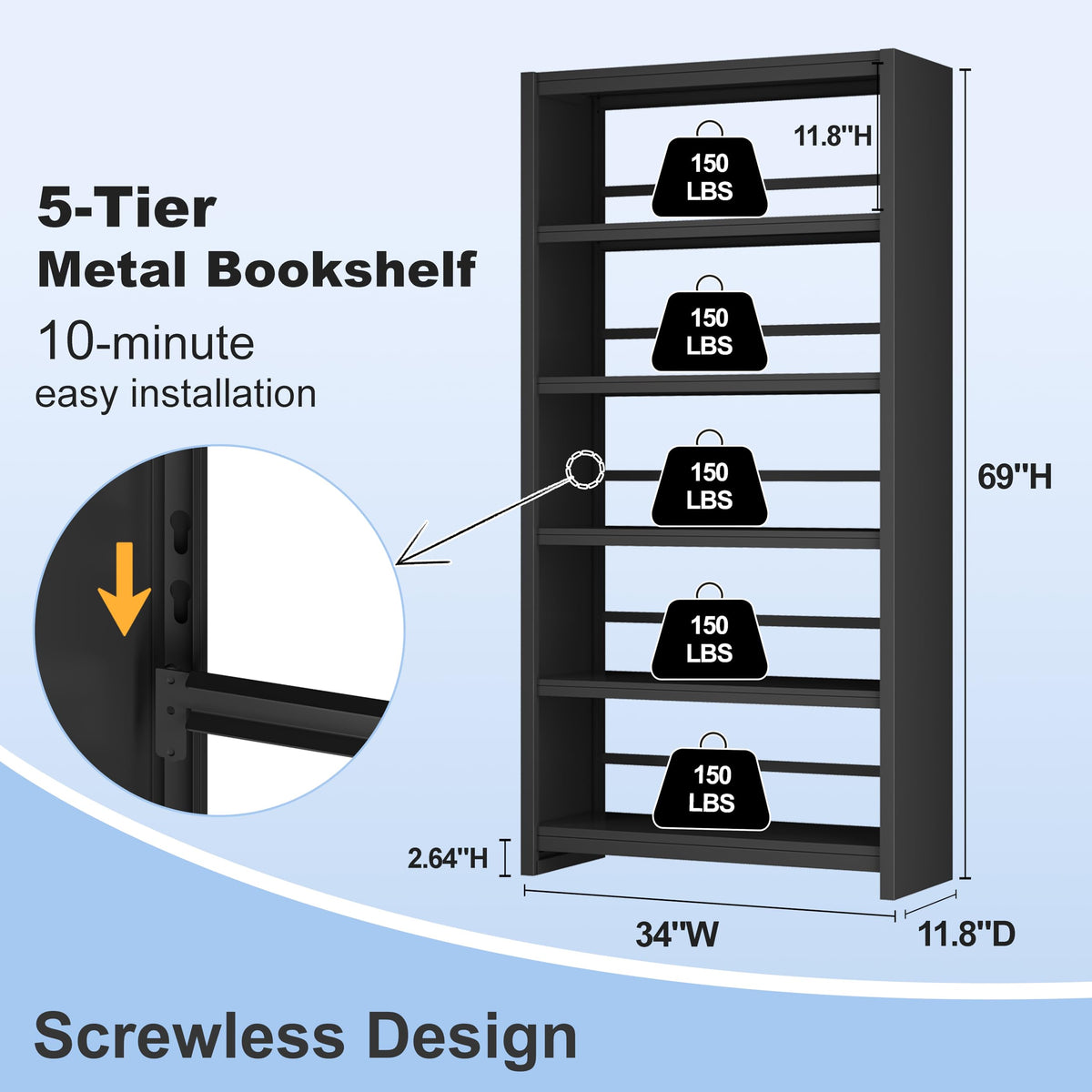 Black 69" Tall 5 Tier Metal Bookshelf G70349