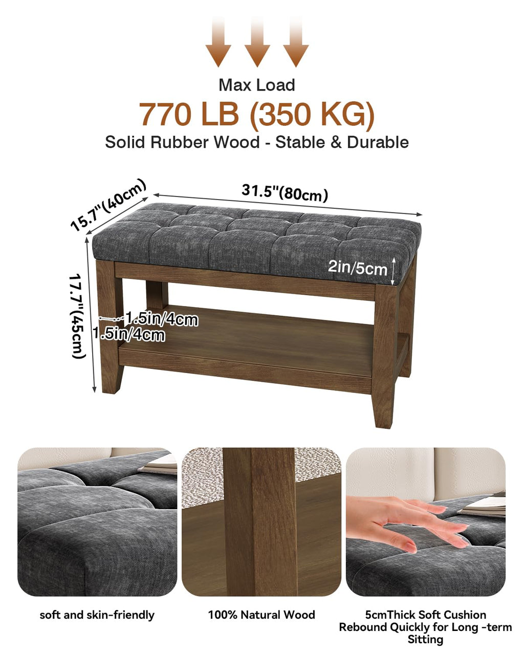 Dark Gray Rubber Wood Chenille Upholstered Shoe Bench L26792