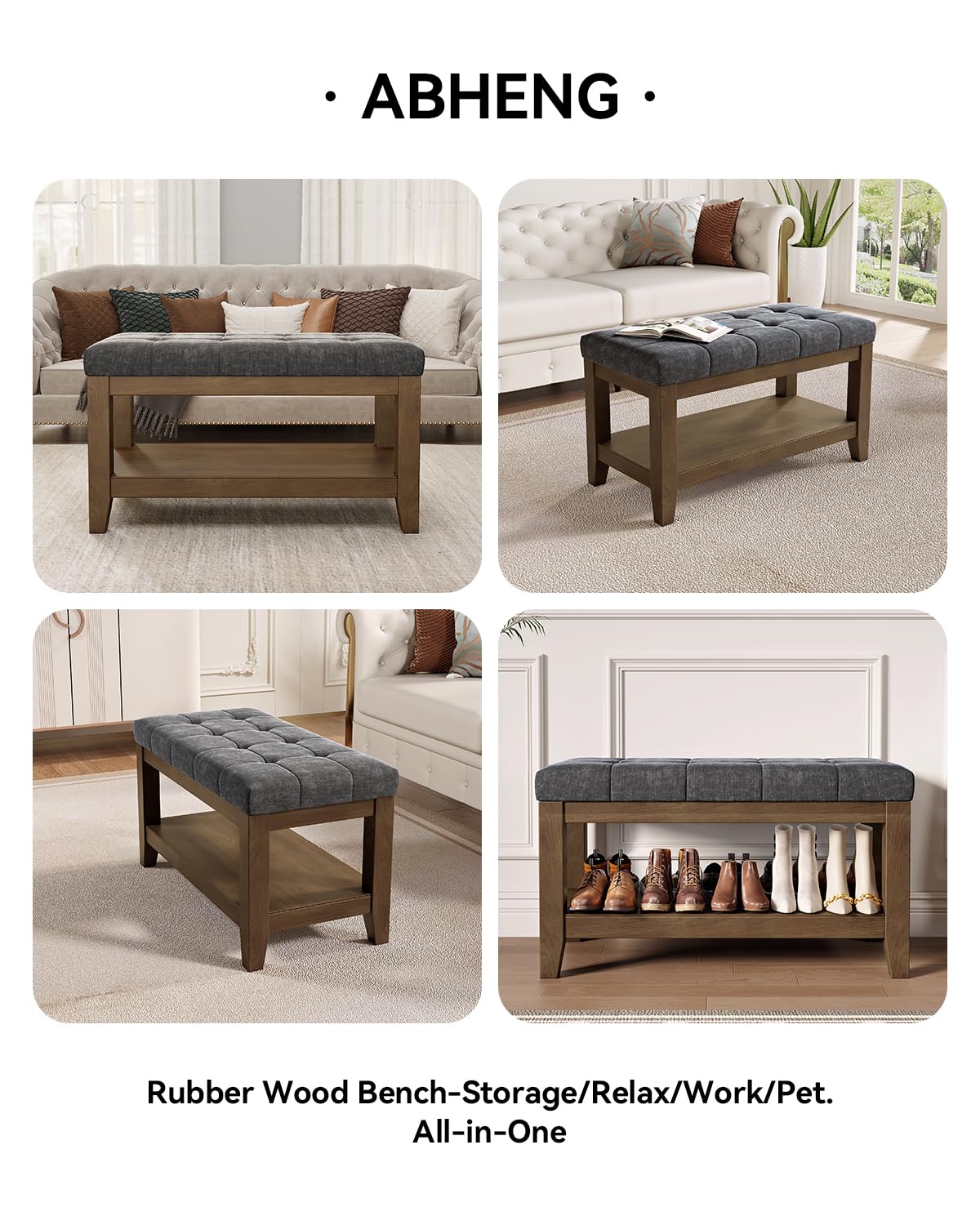 Dark Gray Rubber Wood Chenille Upholstered Shoe Bench L26792