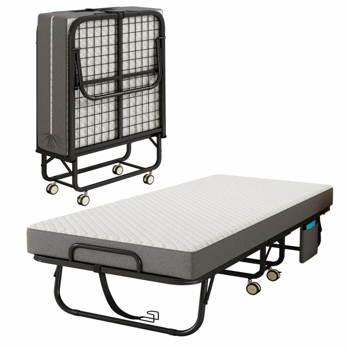 Folding Bed with Mattress, 75" x 31" Portable Rollaway Bed, Metal Frame Guest Bed with Memory Foam Mattress K2878