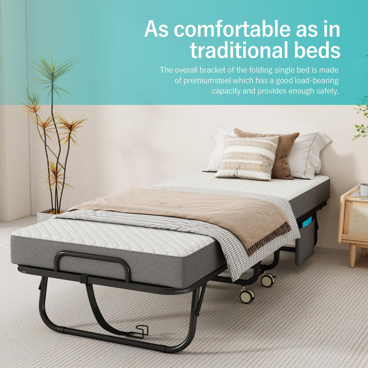 Folding Bed with Mattress, 75" x 31" Portable Rollaway Bed, Metal Frame Guest Bed with Memory Foam Mattress K2878