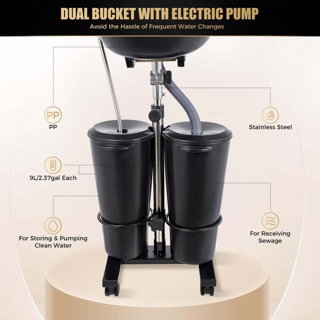 Portable Shampoo Bowl with Electric Pump, Adjustable Height 2.64Gal Dual Bucket U46415