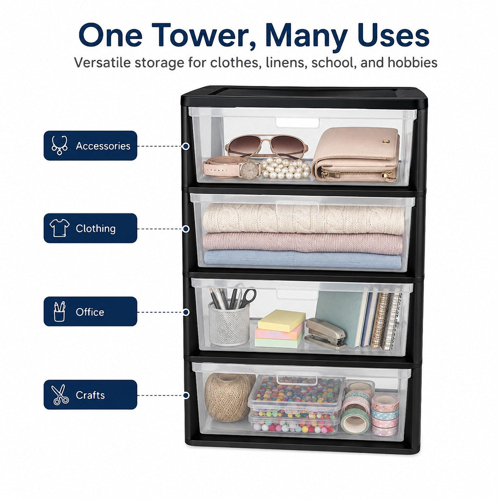 4 Drawer Black Plastic Storage Tower I13981