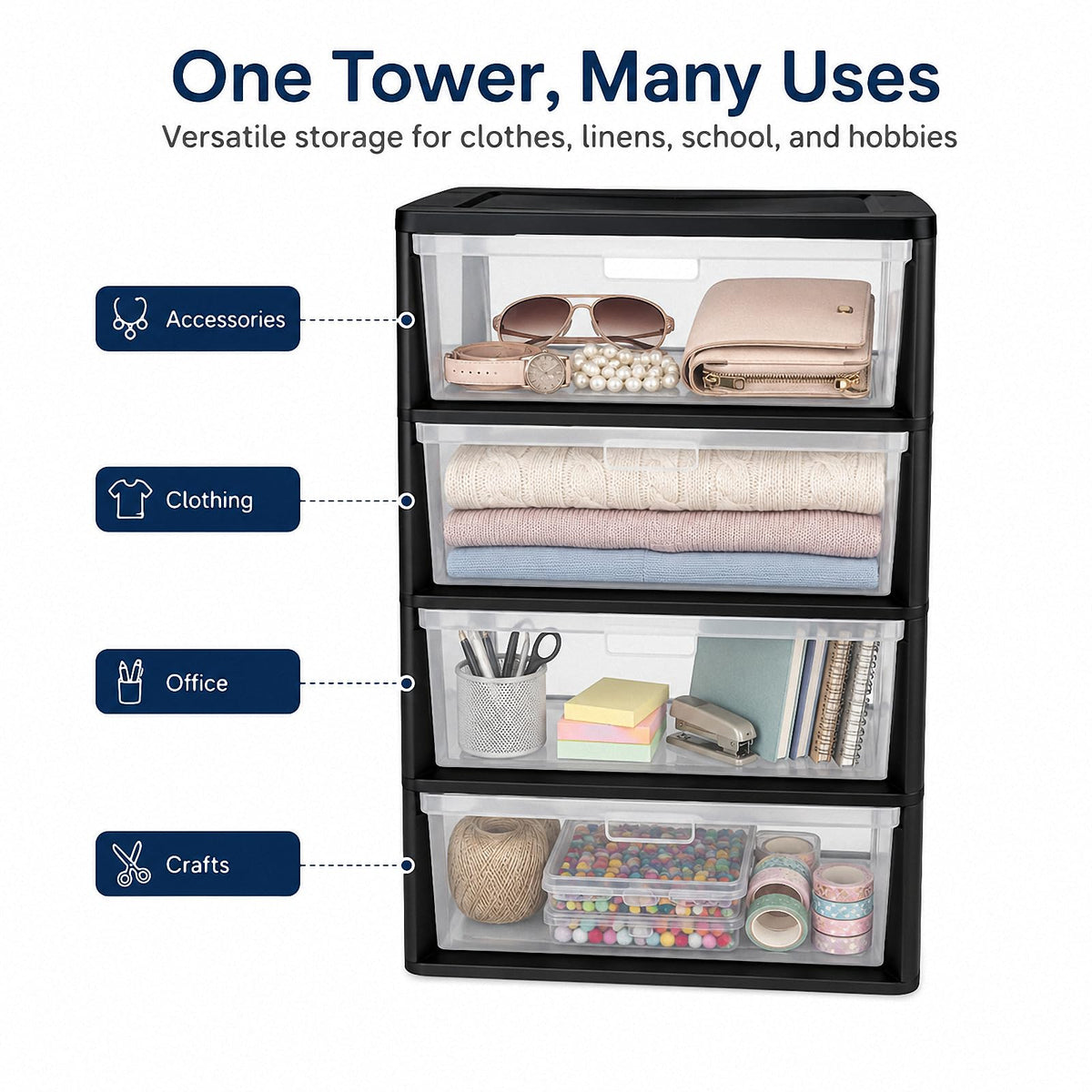 4 Drawer Black Plastic Storage Tower I13981