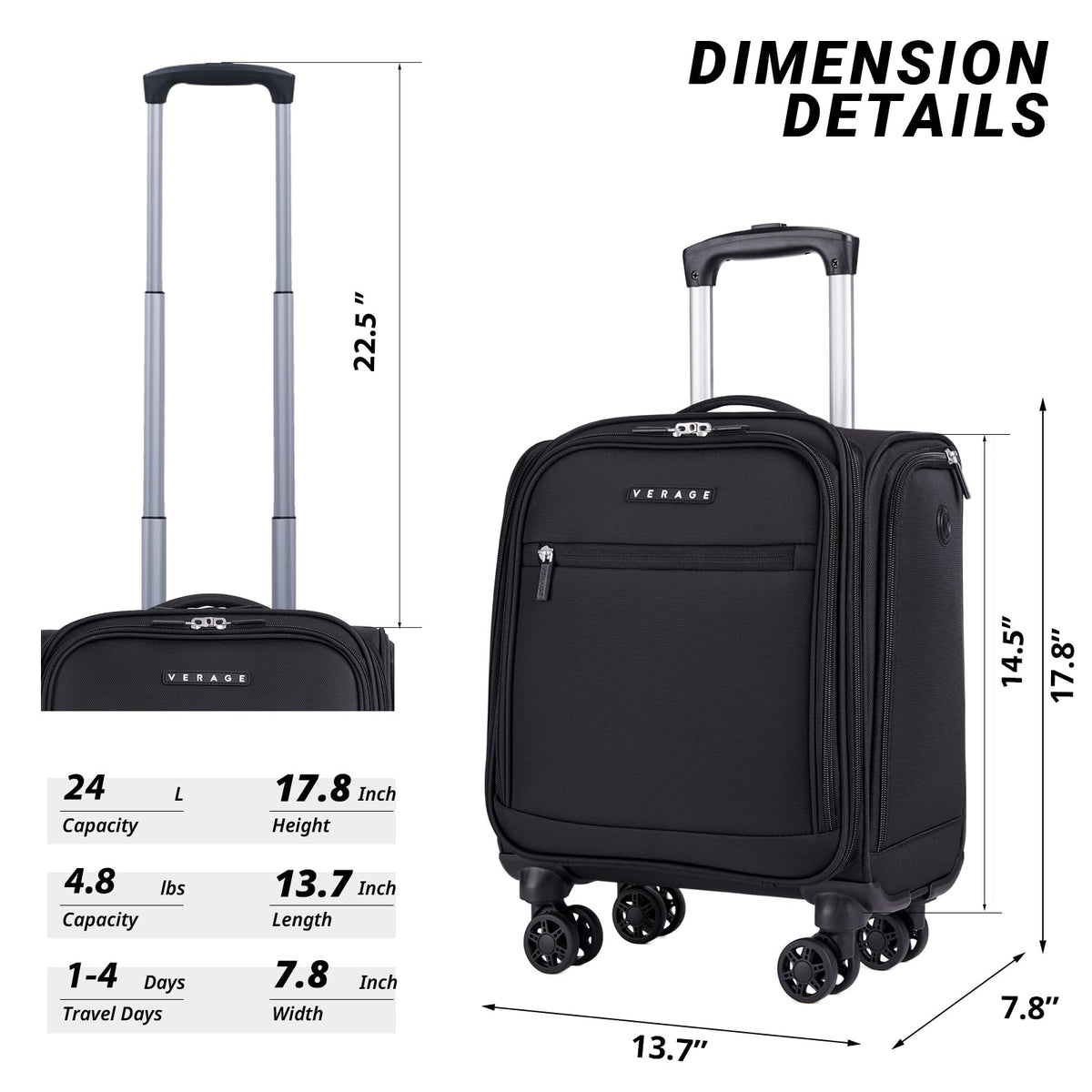 Black 14.5-Inch Spinner Underseat Carry On Luggage P8126