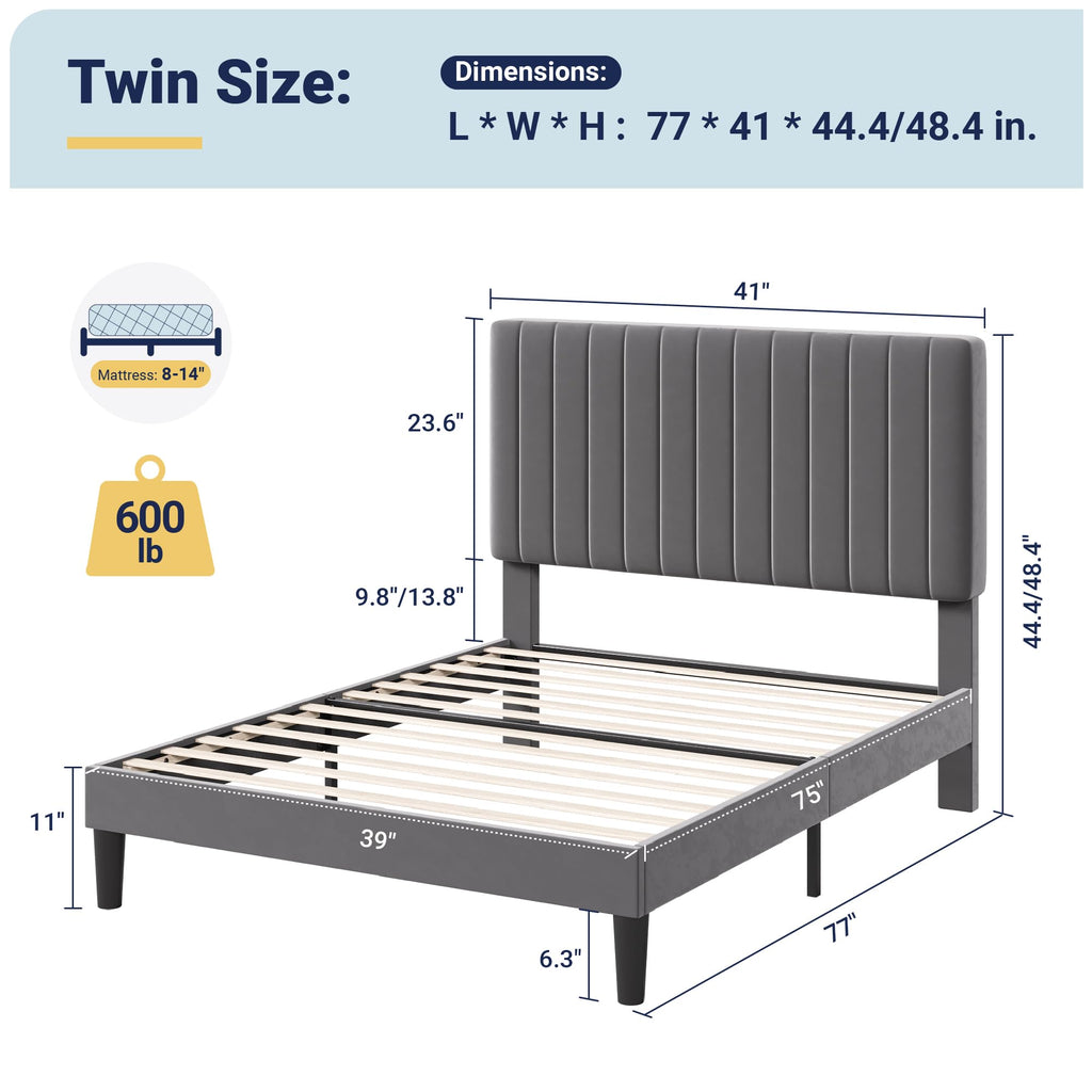 Grey Velvet Upholstered Twin Bed Frame L845638