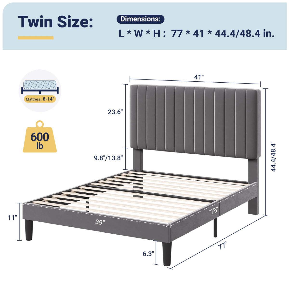Grey Velvet Upholstered Twin Bed Frame L845638