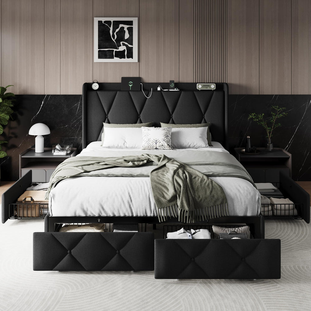 Queen Bed Frame with 4 Storage Drawers and Charging Station Q858550