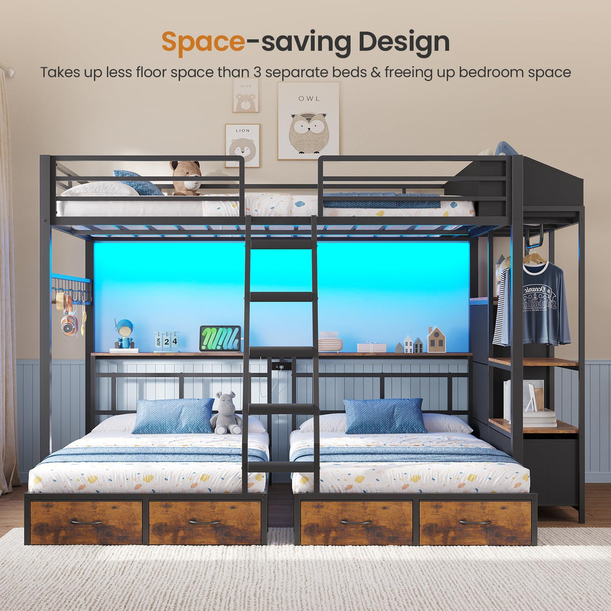 Black Triple Bunk Bed with 8 Storage Drawers and Stair U27831