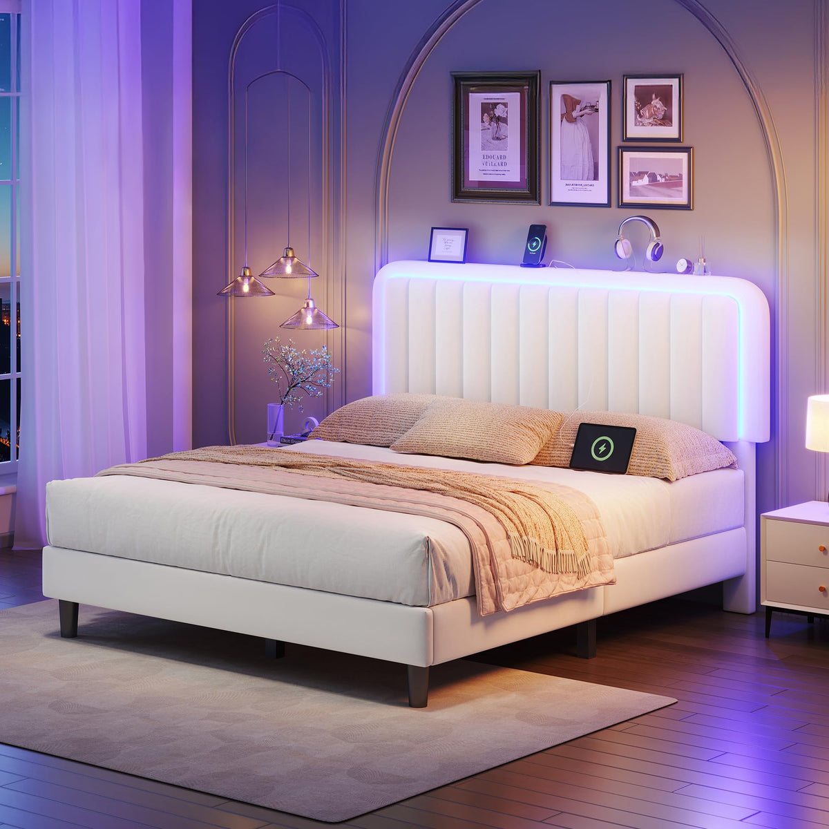 White Velvet Upholstered Full Size Platform Bed Frame with Charging Station H221