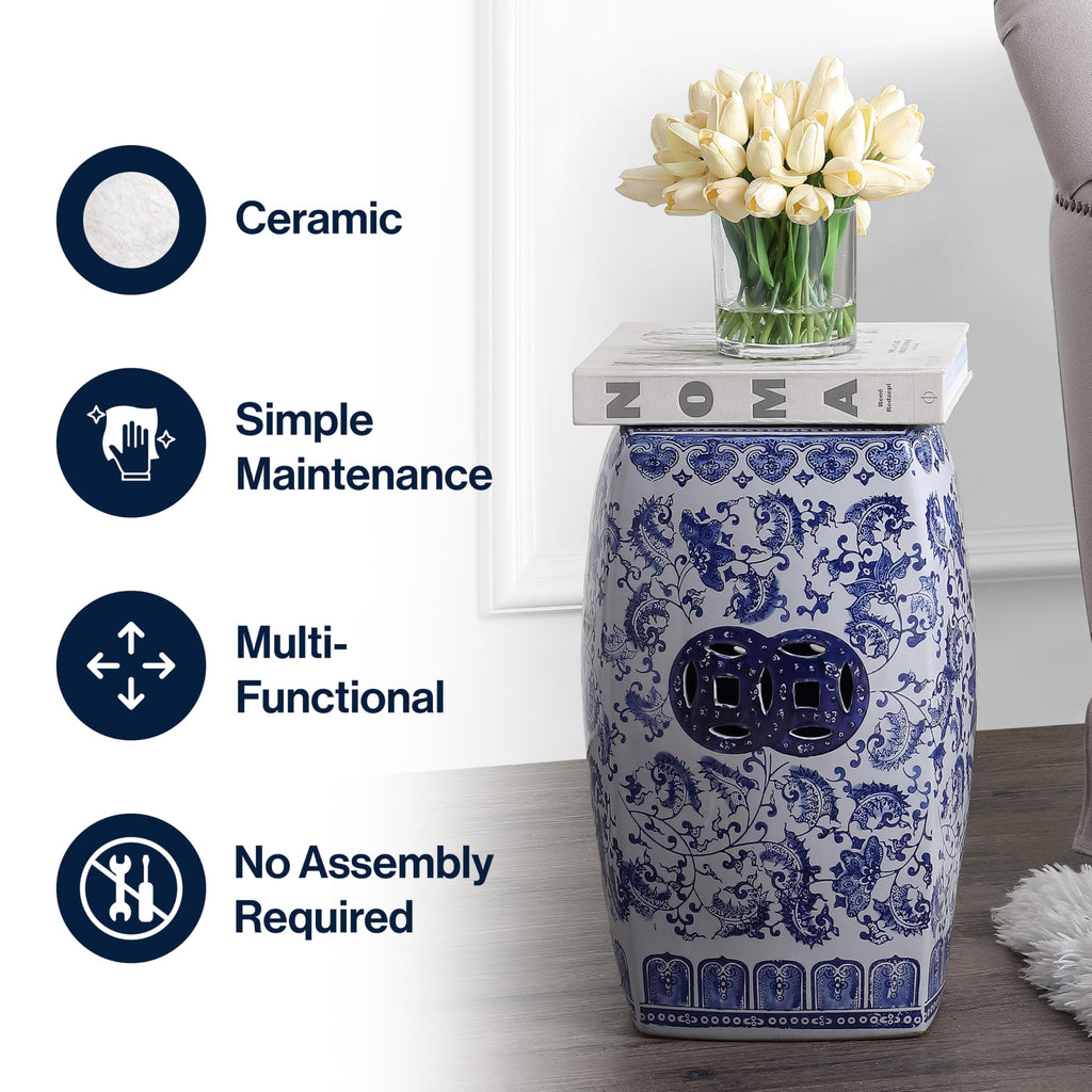 Blue White Ceramic Square Garden Stool U324362