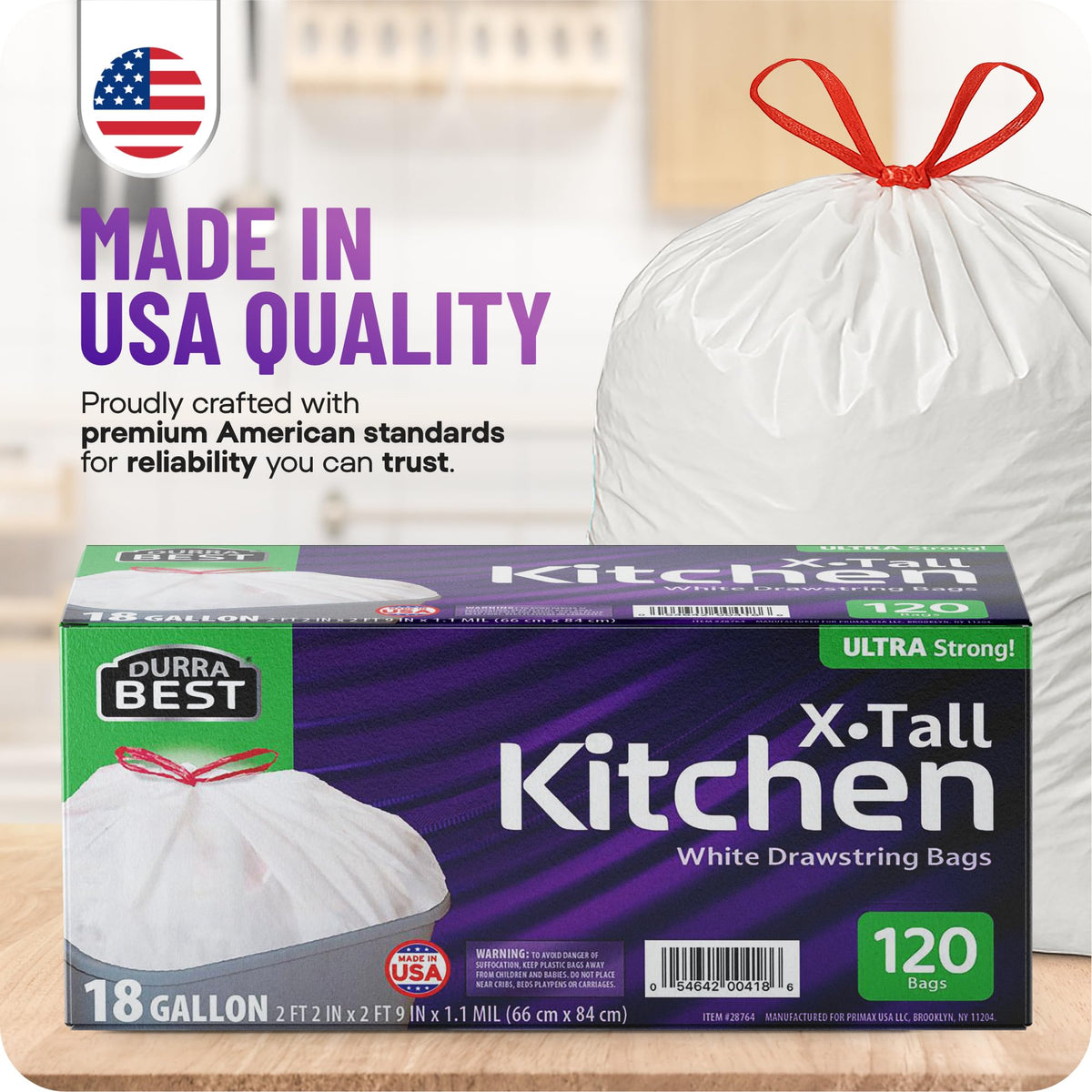 120 Count 18 Gallon White Heavy-Duty Drawstring Trash Bags S975