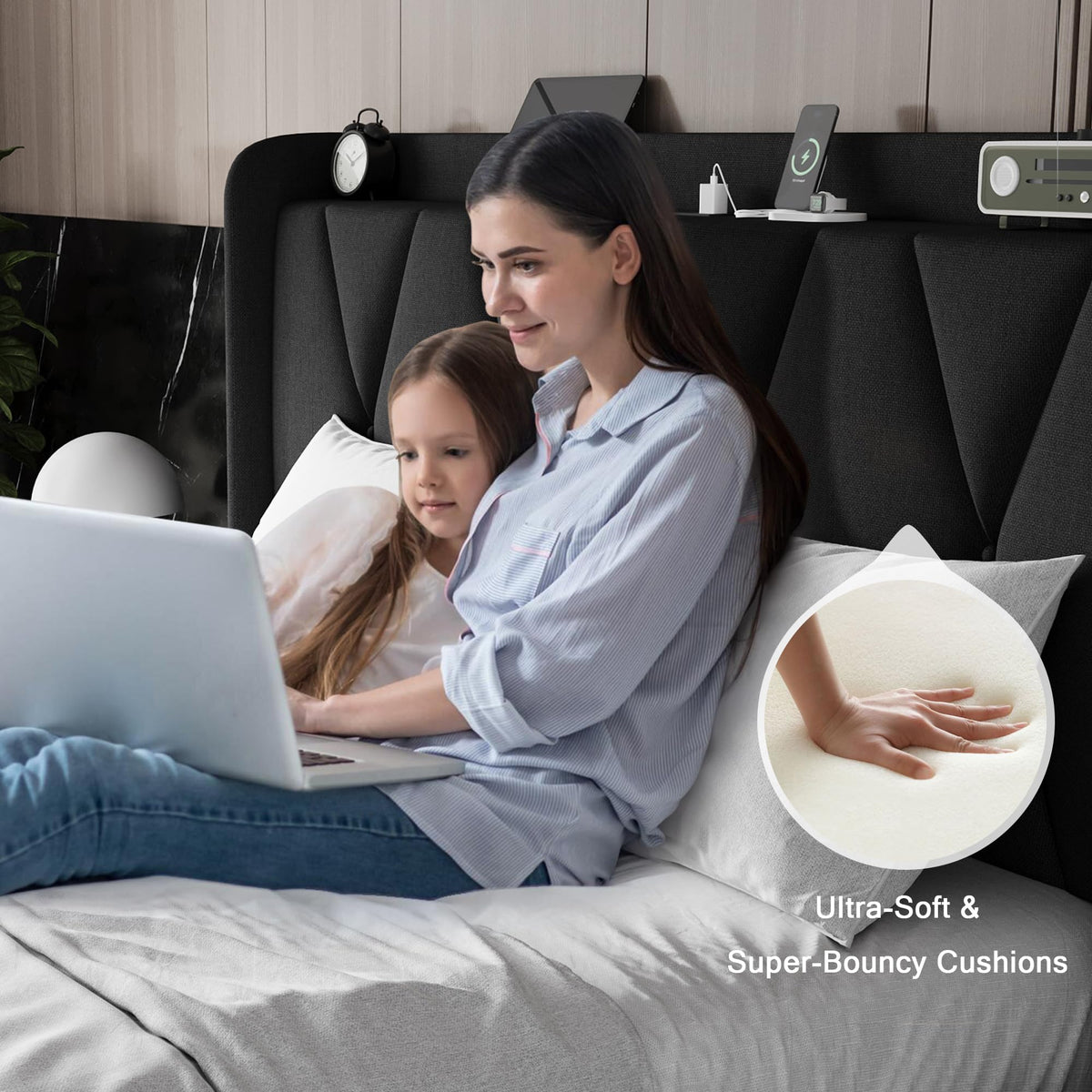 Queen Bed Frame with 4 Storage Drawers and Charging Station Q858550