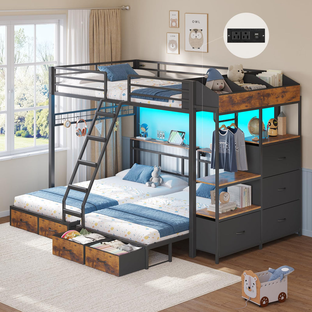 Black Triple Bunk Bed with 8 Storage Drawers and Stair U27831