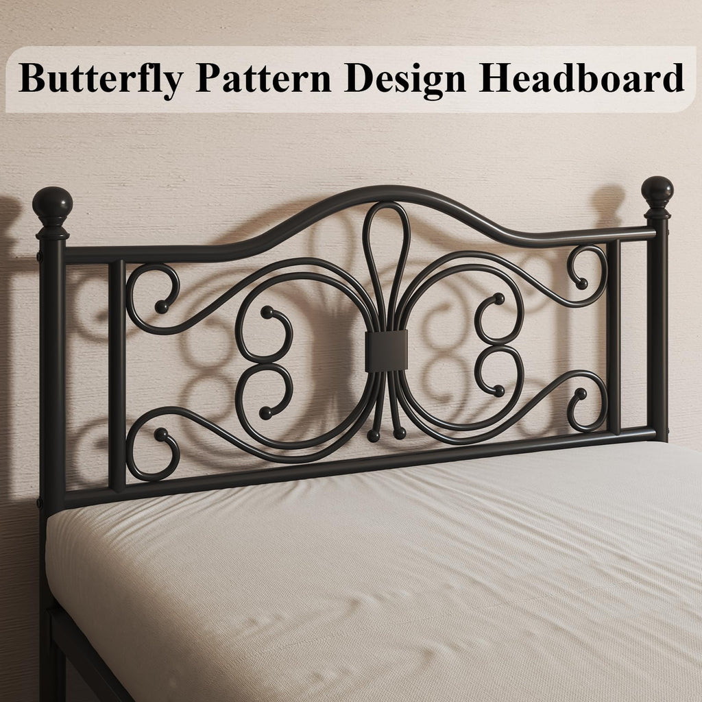 Black Full Bed Frame with Butterfly Pattern Headboard & Footboard P72366