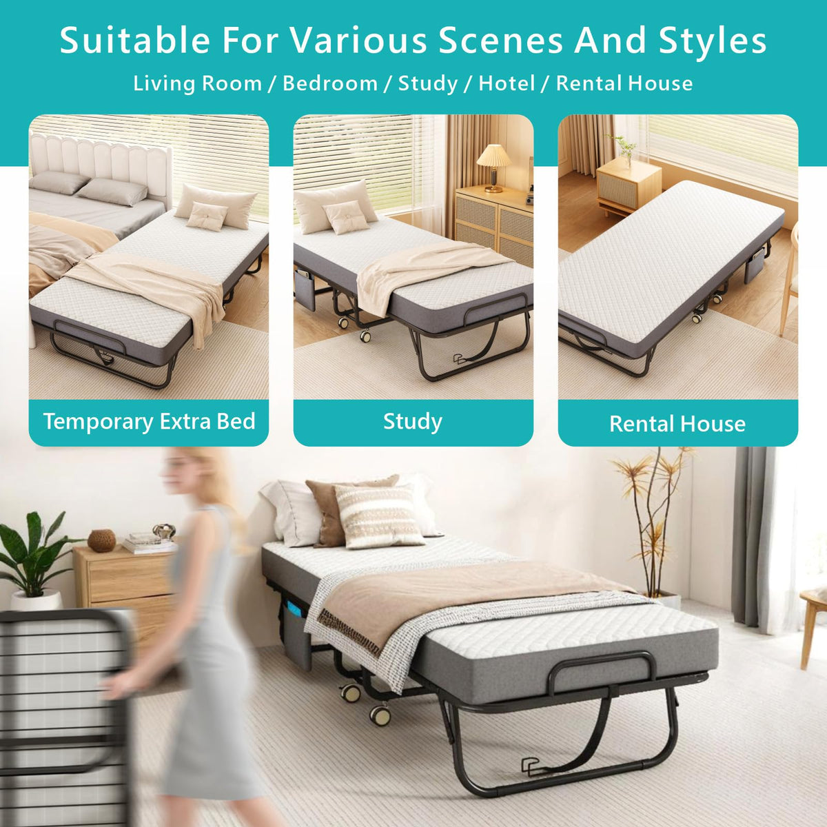 Folding Bed with Mattress, 75" x 31" Portable Rollaway Bed, Metal Frame Guest Bed with Memory Foam Mattress K2878