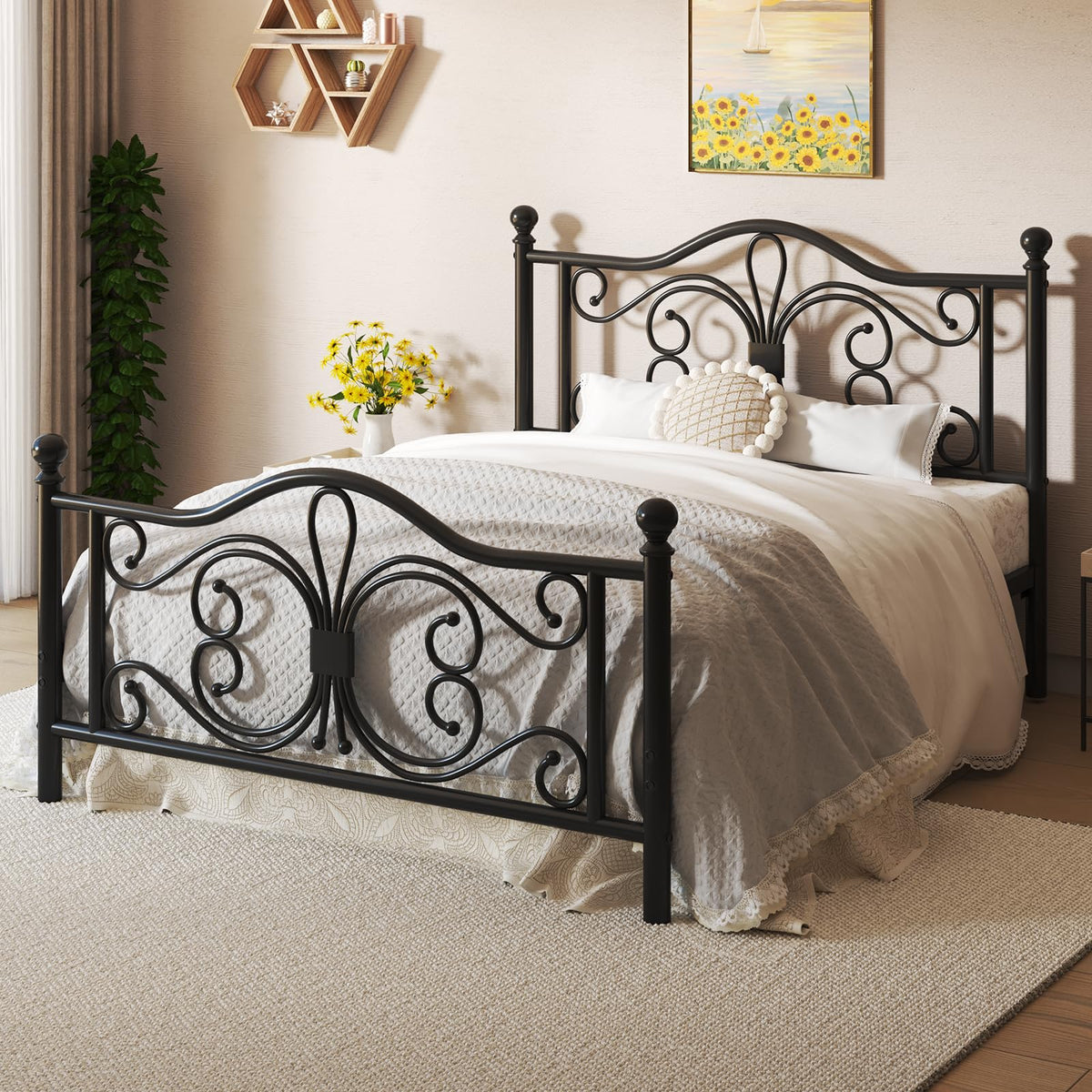 Black Full Bed Frame with Butterfly Pattern Headboard & Footboard P72366