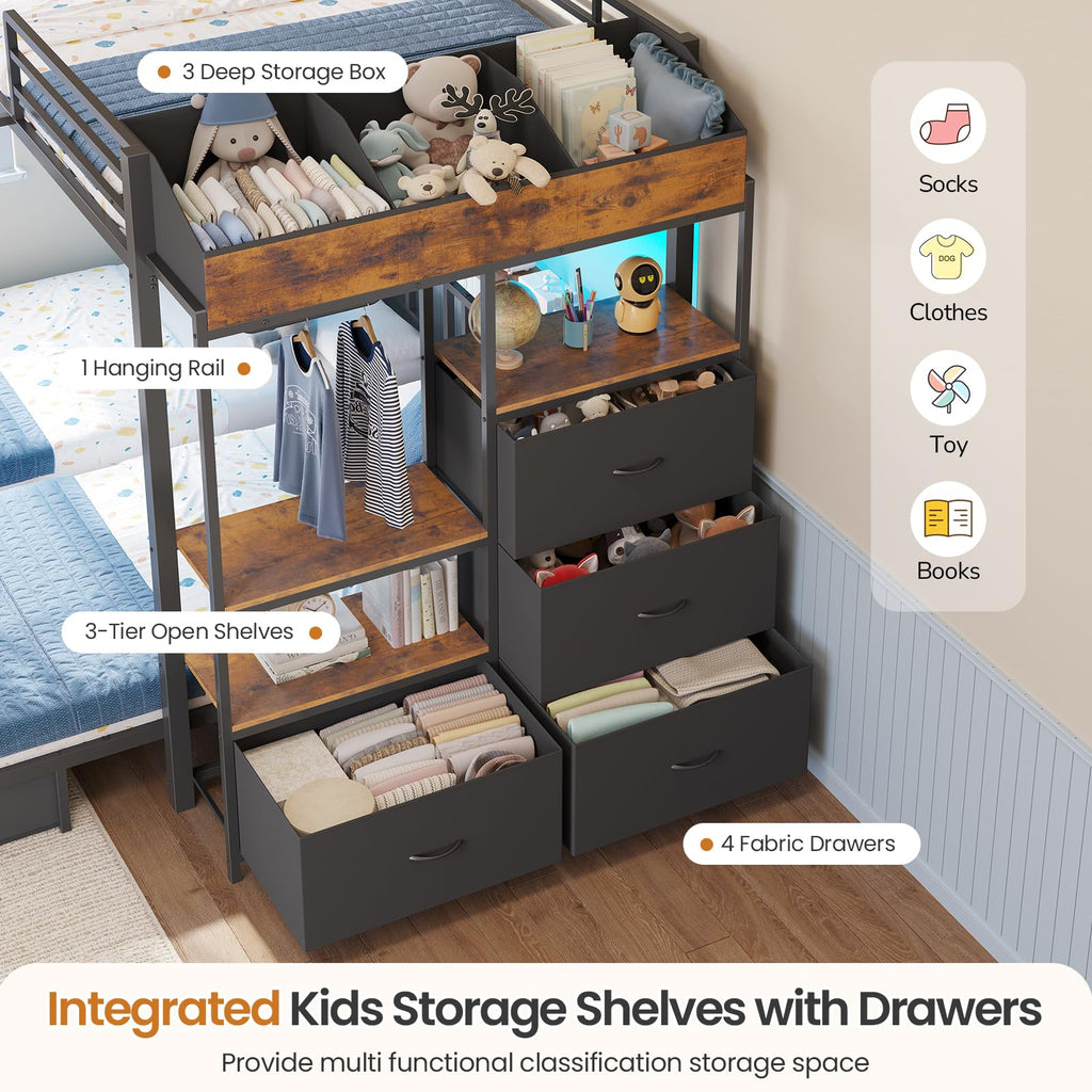 Black Triple Bunk Bed with 8 Storage Drawers and Stair U27831
