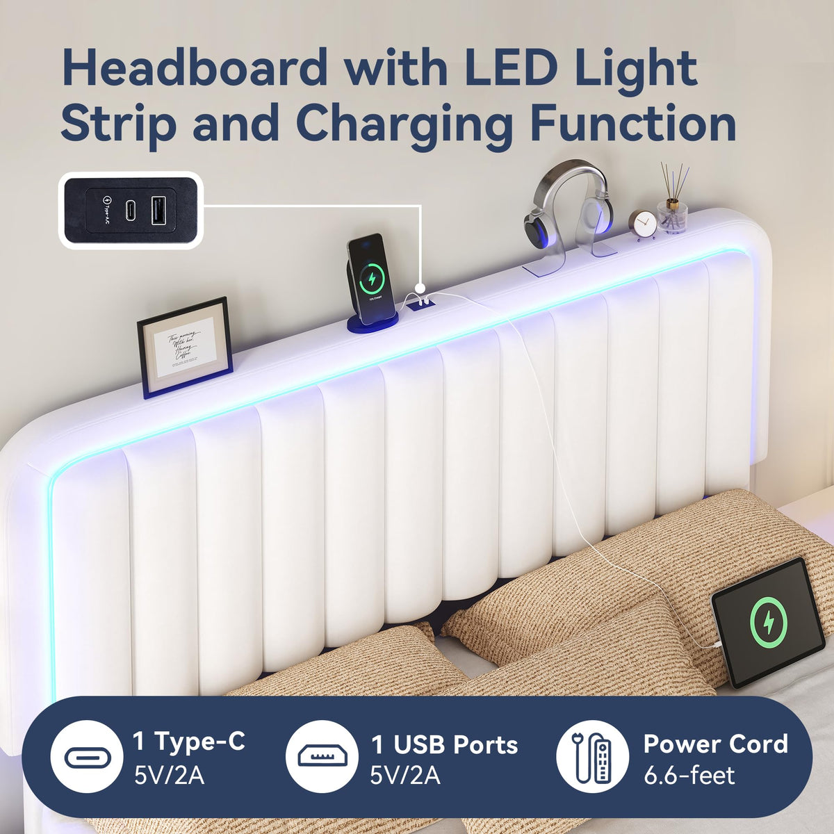 White Velvet Upholstered Full Size Platform Bed Frame with Charging Station H221