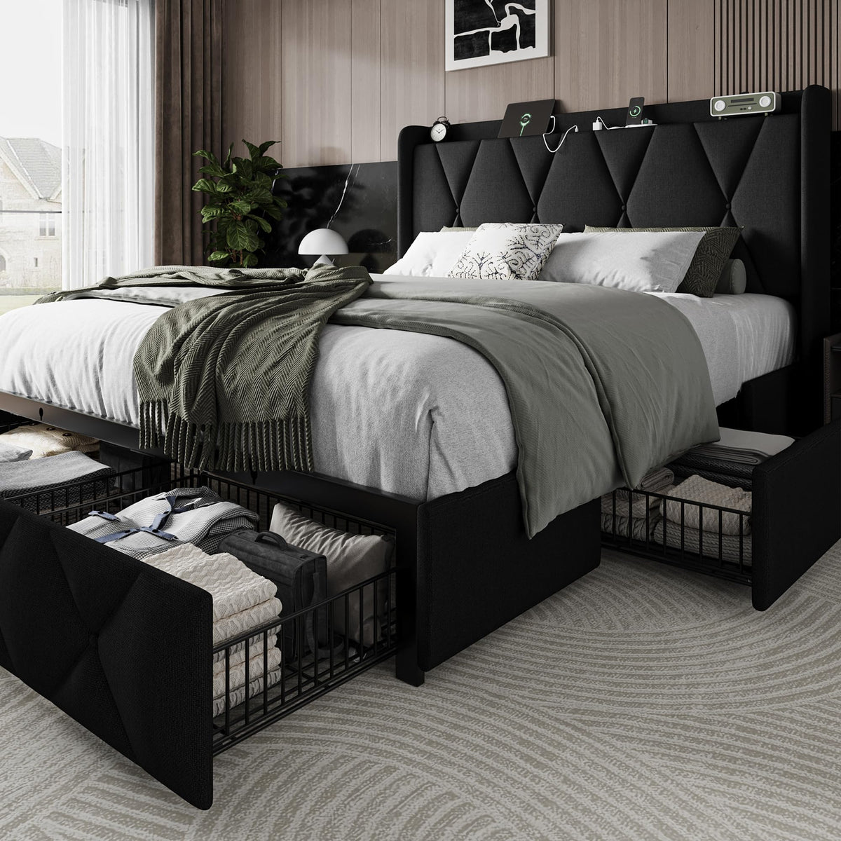 Queen Bed Frame with 4 Storage Drawers and Charging Station Q858550