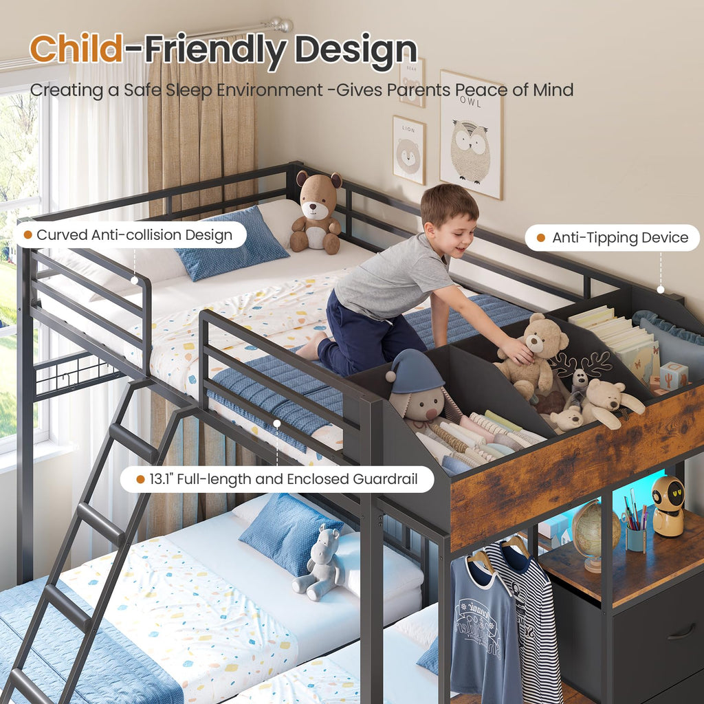 Black Triple Bunk Bed with 8 Storage Drawers and Stair U27831